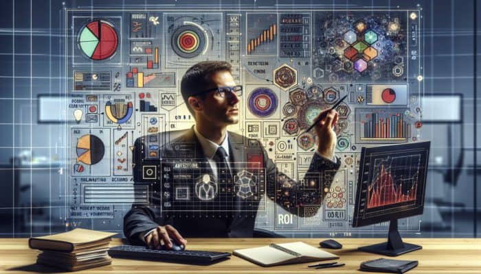 Person analyzing digital advertising data on computer, surrounded by graphs, charts, and budget notes in modern office.