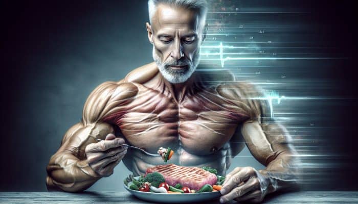 An aging man eating a healthy meal, with a fading aura indicating decreasing testosterone levels.