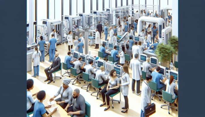 A busy Yeovil clinic with patients waiting for cholesterol blood tests, featuring modern equipment and a healthcare team.