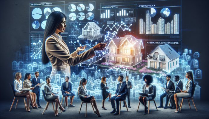 Strategic investor analysing Mahikeng mid-level property market trends with charts, graphs, and diverse property types.