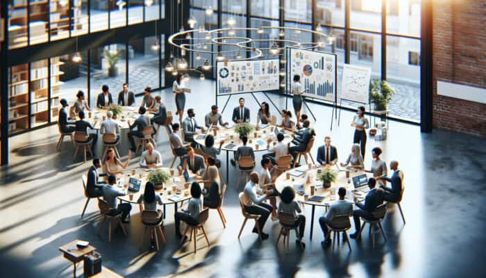 A diverse group collaborating in a modern, ethical business setting, showcasing community benefits.