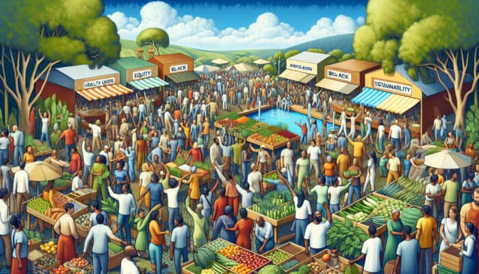 A diverse community at a fair trade market, surrounded by greenery, promoting health, equity, and sustainability.