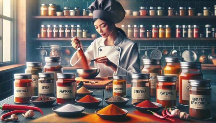 A chef blends paprika, stevia, cayenne, and erythritol into a keto-friendly BBQ rub in a vibrant kitchen.