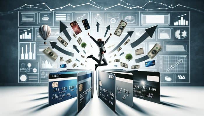 Person celebrating improved credit score with debt consolidation symbols and rising graph.