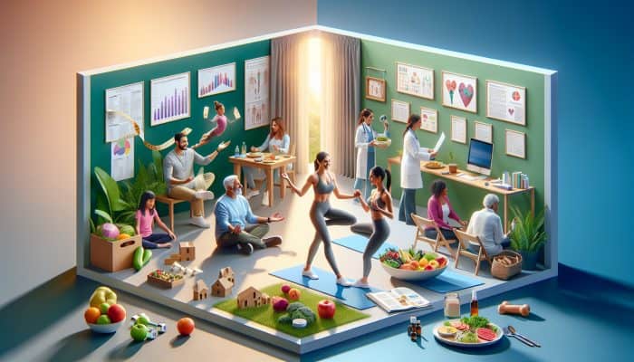 Co-parents exercising, eating healthily, at check-up, socializing, and practicing mindfulness.