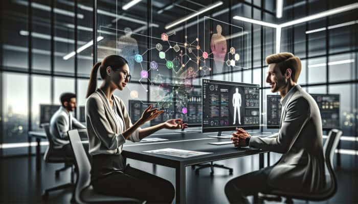 A virtual assistant and user in a modern office, engaging in solution-focused dialogue during a check-in.