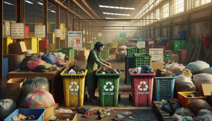Person sorting items into bins labeled for reuse, recycling, donation, with local facilities in background.