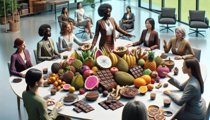 A table adorned with exotic fruits, chocolate, and libido-boosting herbs, discussed by professional women in a sophisticated office setting.