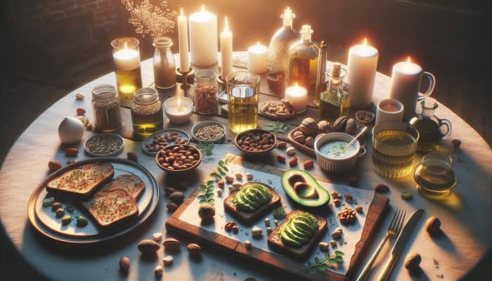 A romantic dinner featuring avocado toast on wholegrain bread, surrounded by nuts and oils, illuminated by soft evening lighting.