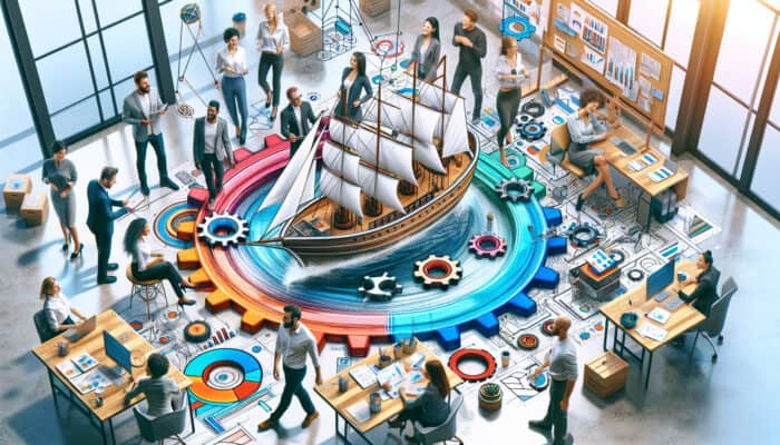 A vibrant office scene with diverse employees collaborating, symbolizing effective employee retention strategies.