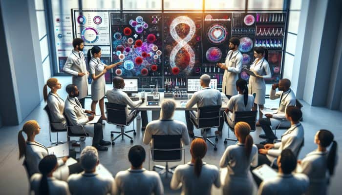 Diverse healthcare team in Blyth analyzing full blood count results with modern equipment and charts.