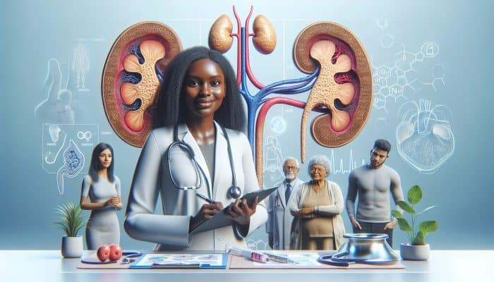 Illustration of cortisol testing in a modern healthcare setting with diverse patients and Folkestone medical staff.