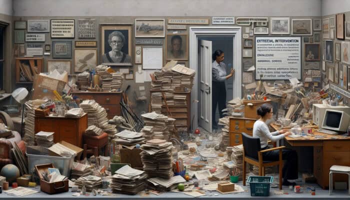 A cluttered room with newspapers, furniture, and items, symbolising hoarding issues, with a social worker at the door.