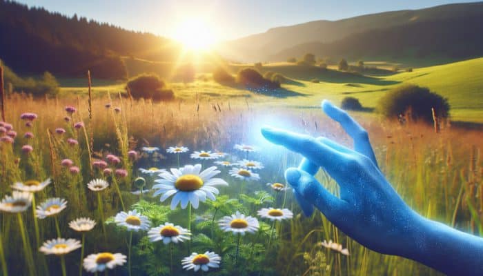 Chamomile flowers in a meadow releasing soothing essence onto irritated skin, reducing redness.