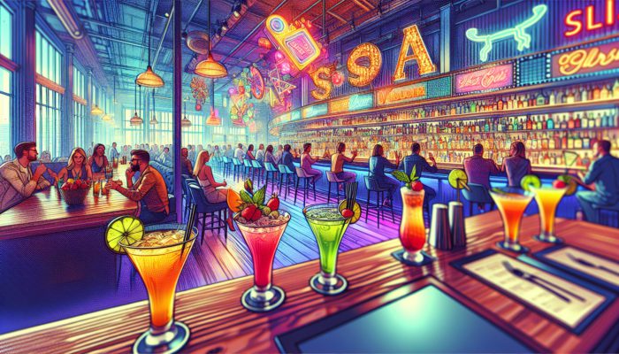 A vibrant Las Vegas bar scene during the day with patrons enjoying colourful sour cocktails.
