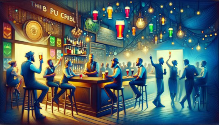 A vibrant pub crawl with unique bars, friendly bartenders, new friendships, beer tastings, and trivia nights.