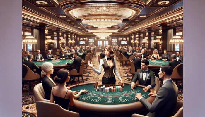 Elegant casino scene with well-dressed patrons and respectful players at gaming tables, showcasing proper etiquette.