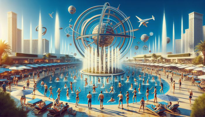 A vibrant group enjoying a daytime Vegas outing with landmarks like the Bellagio fountains and High Roller, engaging in activities like a pool party and zip line.