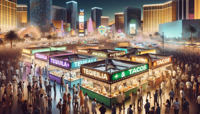 Colorful Tequila & Taco Fest in Las Vegas with booths, tequila tasting, and tacos amidst vibrant nightlife.