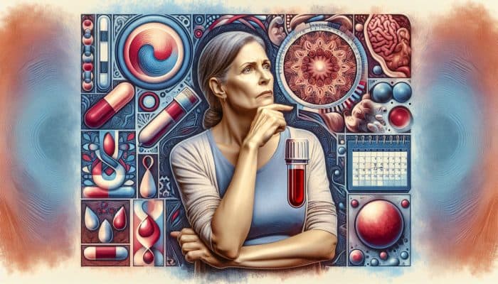 Woman in her 40s with blood test vial, surrounded by icons representing menopause symptoms.