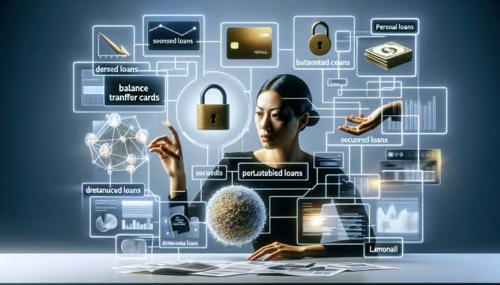 Person analyzing financial documents and comparing debt consolidation options at a desk.
