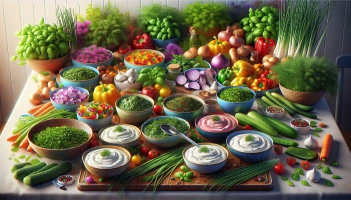 Bowls of fresh basil, chives, mint, and dill with creamy dips and seasonal vegetables on a kitchen counter for a summer party.