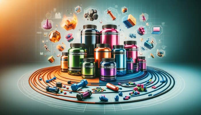 Colorful fat-burning supplement bottles and capsules with scientific diagrams and expert testimonials on a fitness-themed background.