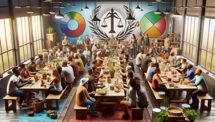 A diverse prepper community sharing ideas and experiences at a communal table, symbolising unity and equity.