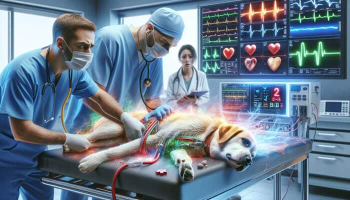 A distressed pet receiving urgent veterinary care after ingesting a toxic substance, with emergency equipment and a concerned owner.