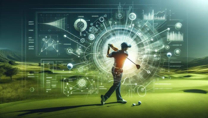 Golfer executing a perfect swing on a green course, with diagrams illustrating swing mechanics and efficiency strategies.