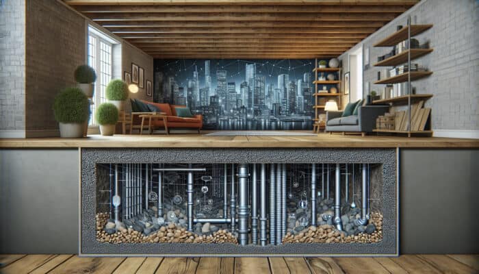 Cross-section of a Yaletown home's crawl space with innovative drainage solutions and city skyline.