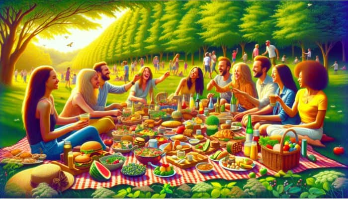 A vibrant summer picnic scene with colorful dishes on a checkered blanket, friends laughing and choosing meals.