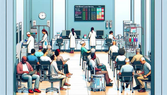 A busy Chadderton health clinic with patients waiting for full blood count services, equipped with modern medical tools and friendly staff.