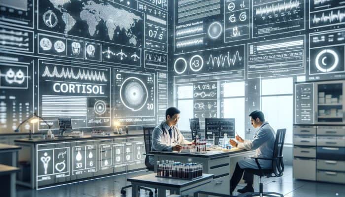 Detailed medical illustration of cortisol blood test procedure in modern Bury lab, experts analyzing results.