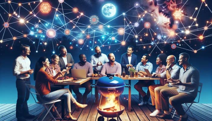 Group of pitmasters sharing BBQ tips around a glowing barbecue under a starry night sky.