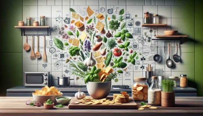 A kitchen scene with herbs like basil, rosemary, and thyme mixed into snacks, illustrating a healthy snacking guide.