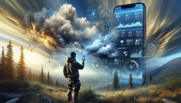 Person in wilderness using smartphone app for weather radar and alerts, with handheld station measuring temperature, humidity, pressure.
