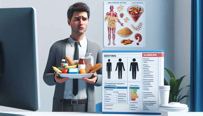 A person experiencing digestive discomfort and fatigue, looking confused while holding gluten and dairy products, next to a food intolerance test kit in a clinic.