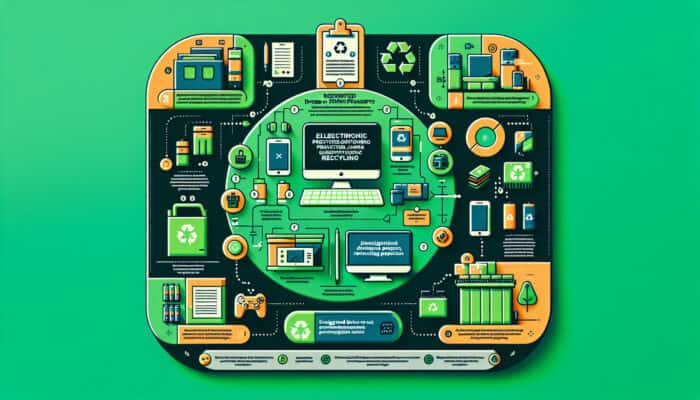 Infographic detailing UK electronic recycling best practices with icons of computers, phones, batteries, and recycling options on a green background.