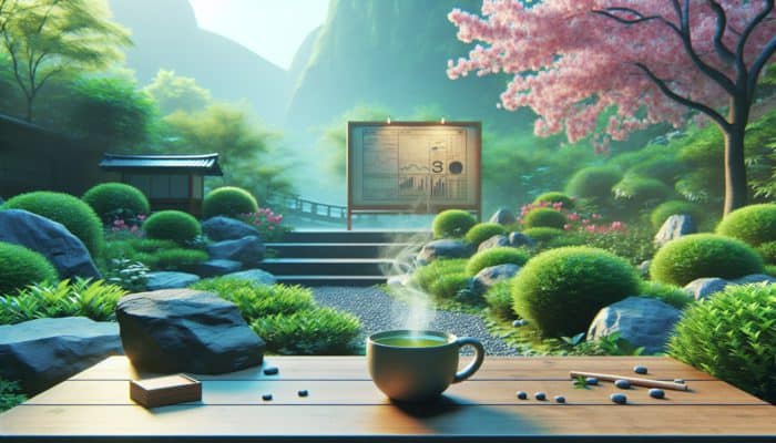 A serene Japanese garden with a steaming cup of green tea, surrounded by green tea plants and cherry blossoms.