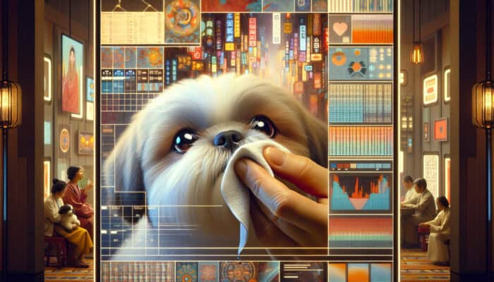 A Shih Tzu's eyes being cleaned by an owner with a soft cloth in a cozy home.