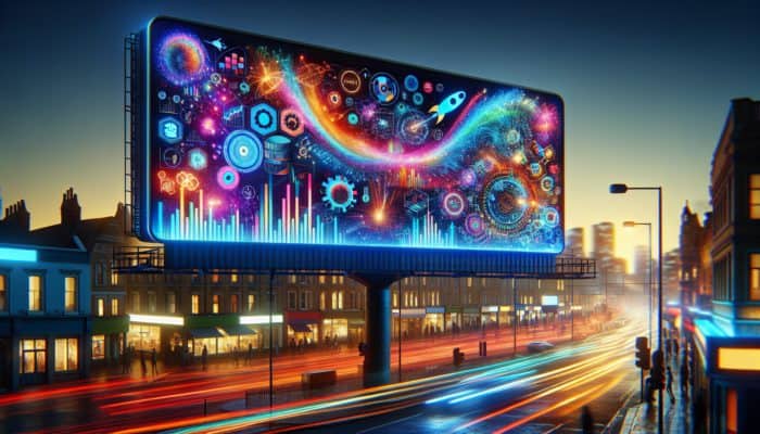 A vibrant digital billboard in Gillingham at dusk, demonstrating expert advertising strategies with graphs and dynamic visuals.