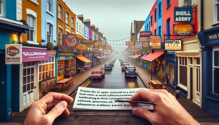 A Gillingham street scene with diverse businesses showcasing tailored digital ads, reflecting local culture and trends.