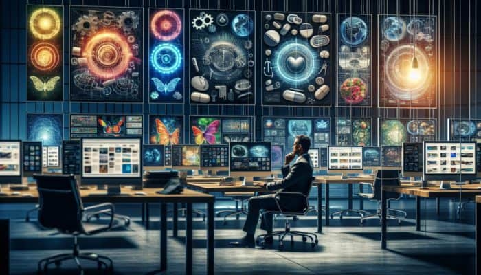 A small business owner in Bridgwater reviews web design agency portfolios on multiple screens.