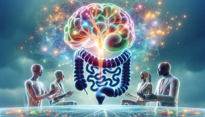 A glowing neural network connected to a vibrant digestive system, with experts discussing.