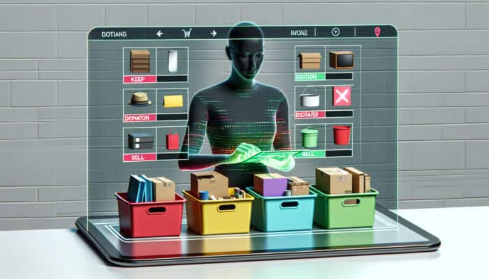 Person organizing house clearance with labeled boxes and digital inventory app on tablet.