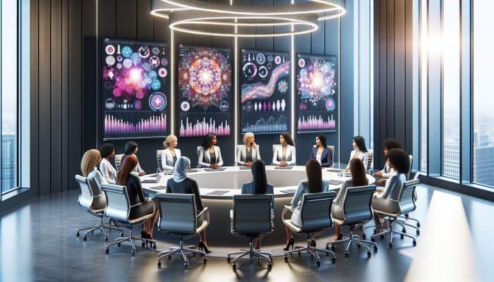 A diverse panel of female health experts engaged in a discussion about women's health in a modern conference room equipped with digital screens.