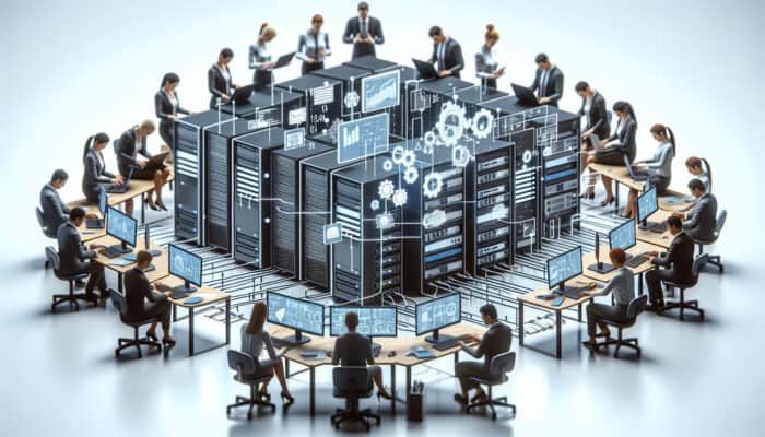 A network of computers and servers with frustrated employees, illustrating budget tracking challenges in VA payment systems.