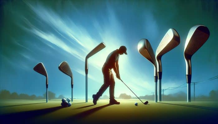 A beginner golfer swinging a Callaway Strata club on a green course, with TaylorMade RBZ and Wilson Profile XD sets nearby.