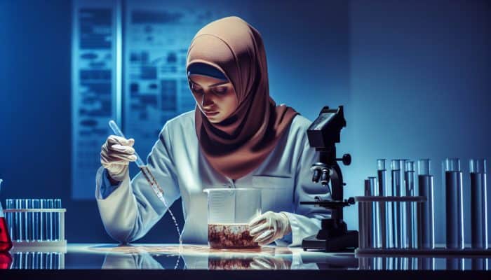 An expert tests water samples for microbial contamination, chemical pollutants, and turbidity in a lab.
